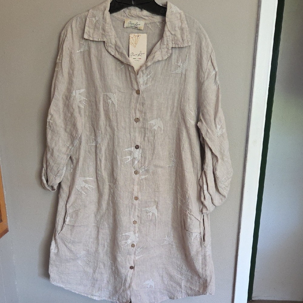NEW Natural Button-Front Linen Dress with Bird Print